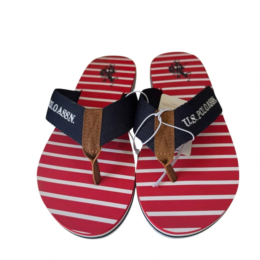 U.S. Polo Assn Womens Flip Flops Size 5-6 Red White Blue Nautical Striped NWT